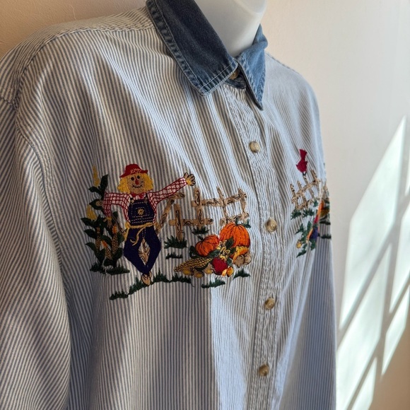 West Port Vintage Striped Button-Up Shirt Embroidered Fall Scarecrow Size M - Picture 8 of 8
